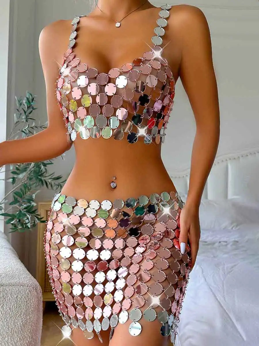 Silver Short bra tank top+ sequin skirt set