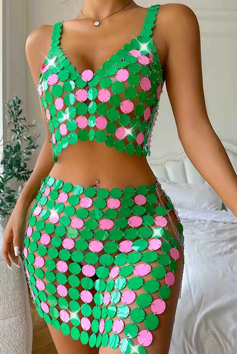 Green Glitter Mini Skirt Set