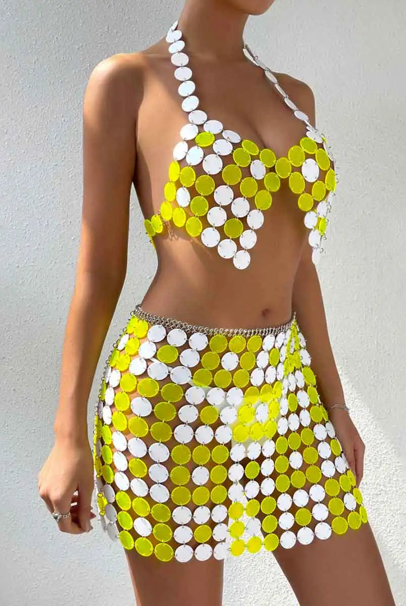 Yellow And White Two Piece Sequin Skirt Set Bra Top