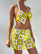 Yellow And White Two Piece Sequin Skirt Set Bra Top