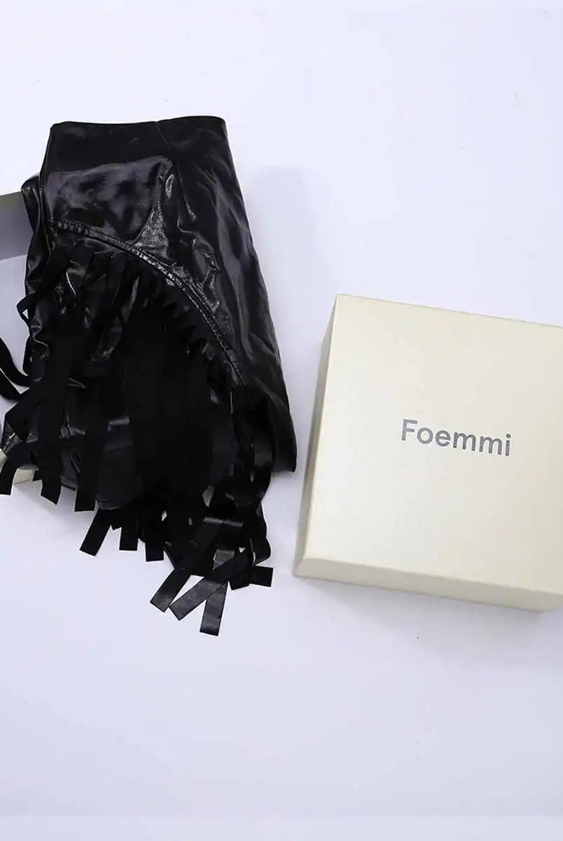 Shiny Black Fringe Leather Skirt