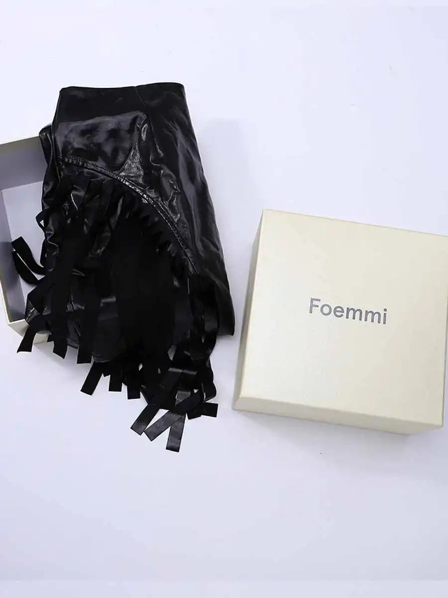 Shiny Black Fringe Leather Skirt