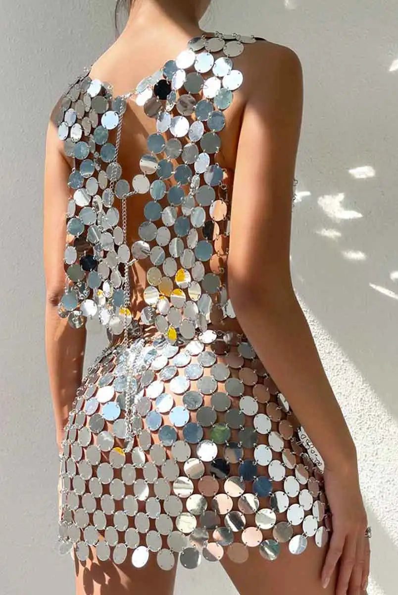 Silver Sequin Matching Set - Middle Skirt + Bra Top