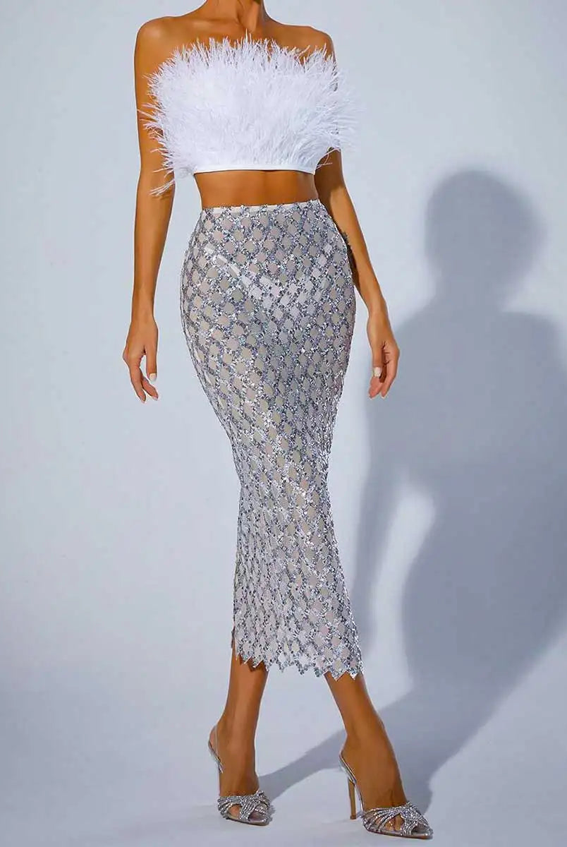Sequin Mesh Skirt  White Feather Tube Top Suit