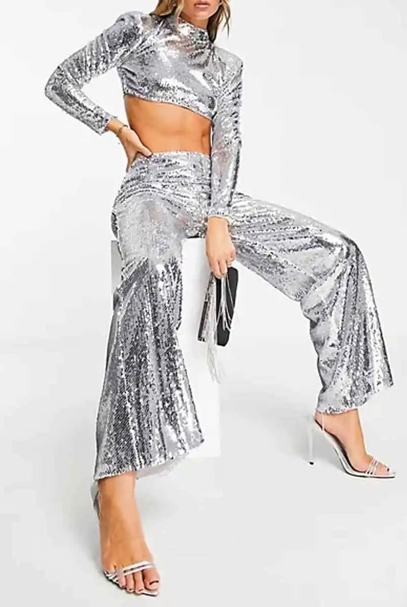 silver sequin pant set