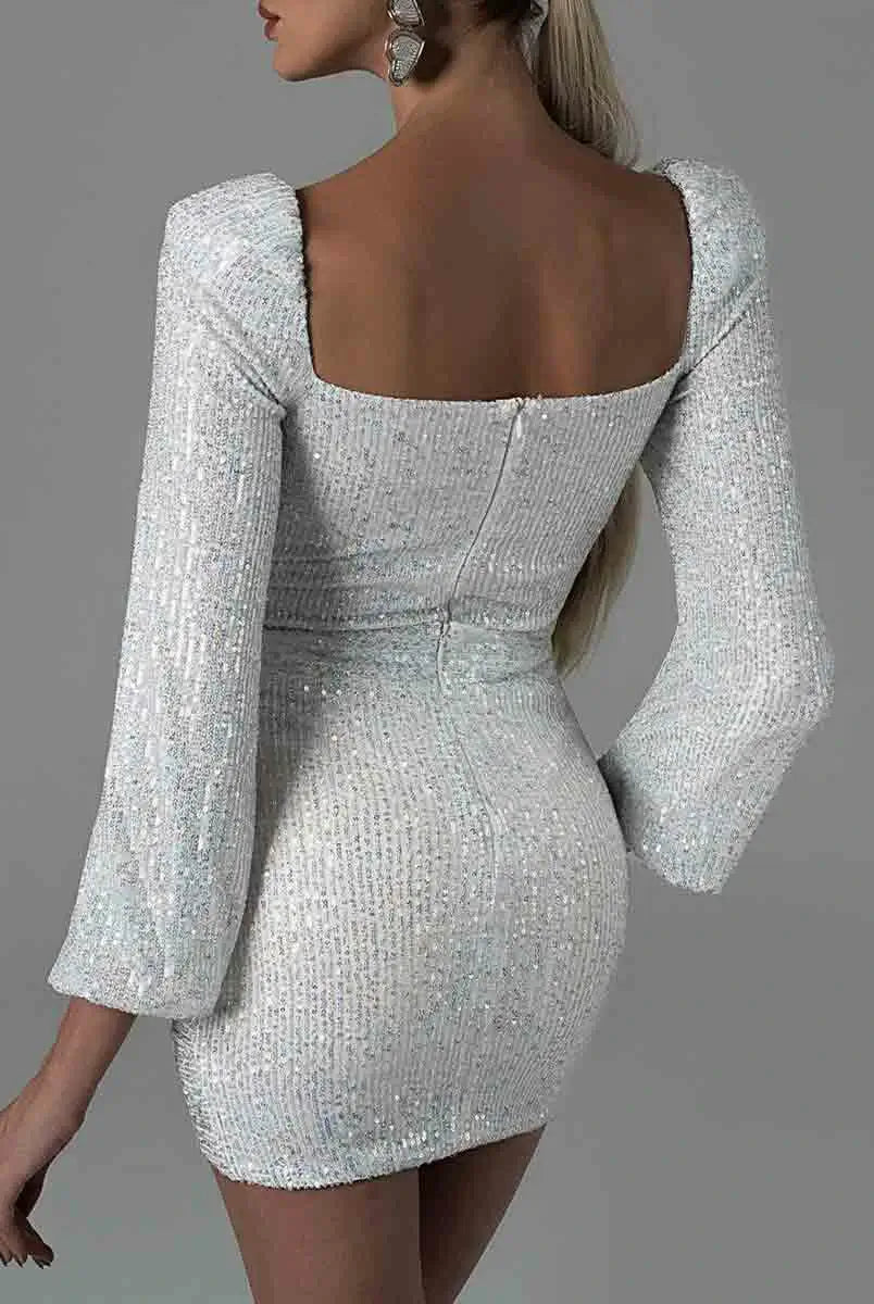 Long Sleeve Silver Sequin Dress