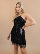 High Collar Sleeveless Suspender Black Sequin Tassel Dress