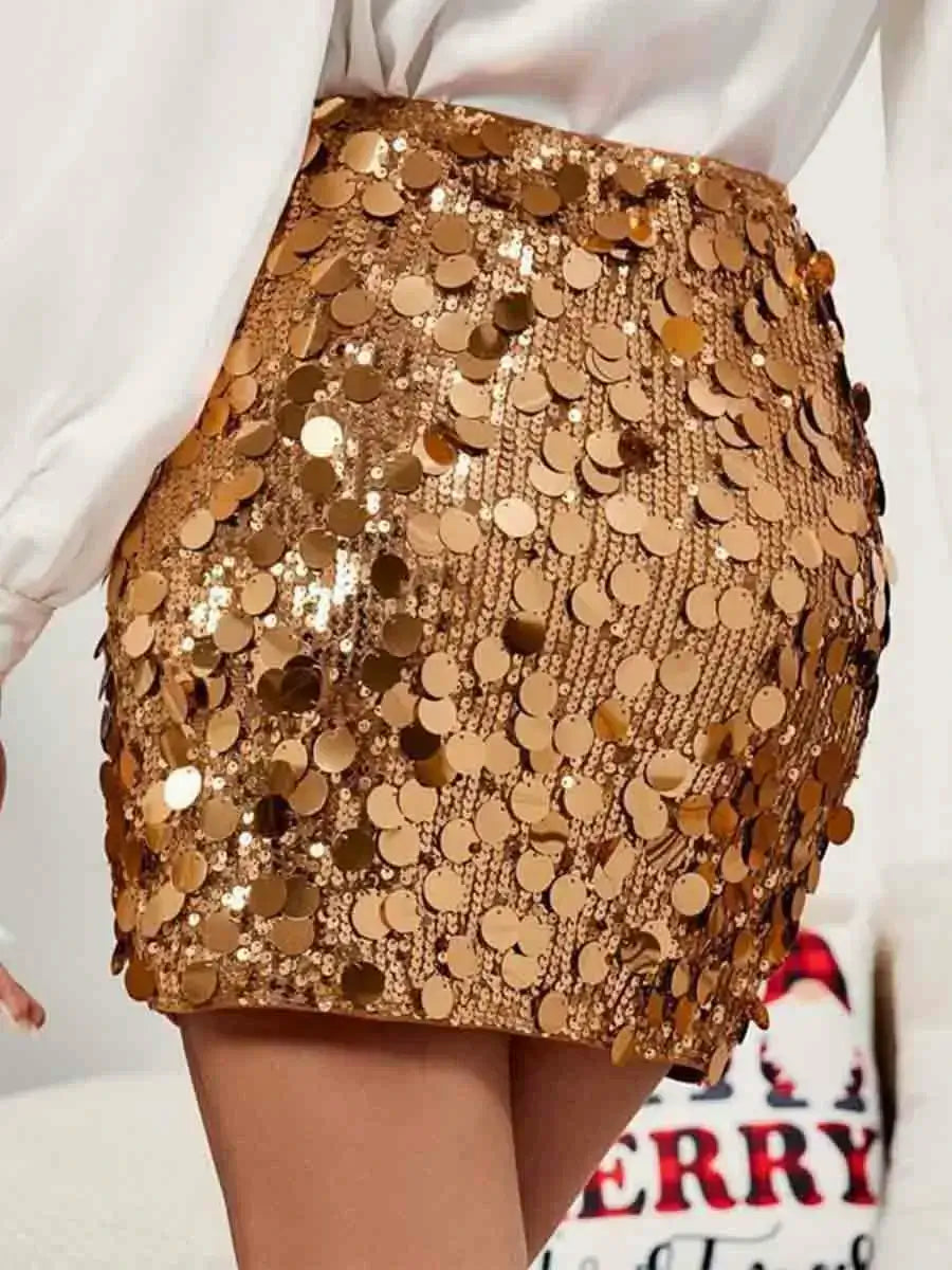 gold sparkling mini shift skirt