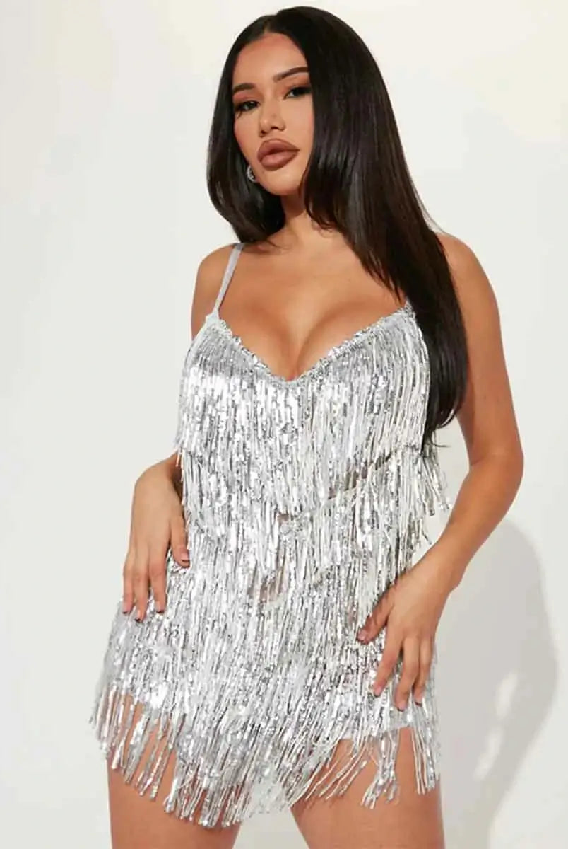 V-neck Strappy Side-zip Mini Silver Fringe Sequin Dress