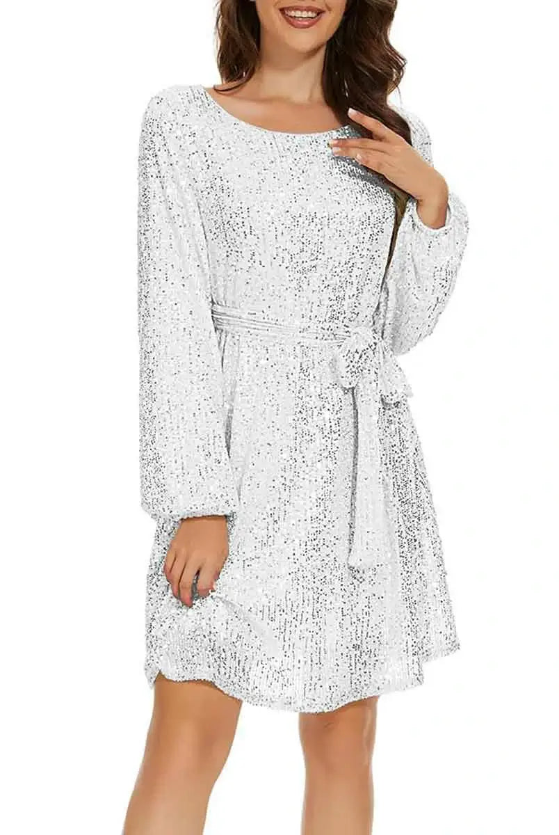 White Sequin Long Sleeve Mini Dress