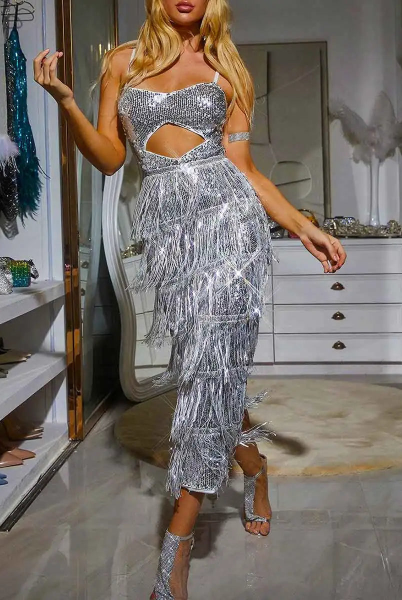 Cutout Sequin Fringe Midi Dress