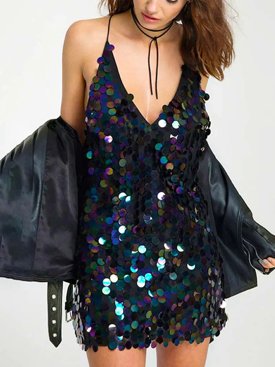 Black Sequin Deep V Dress