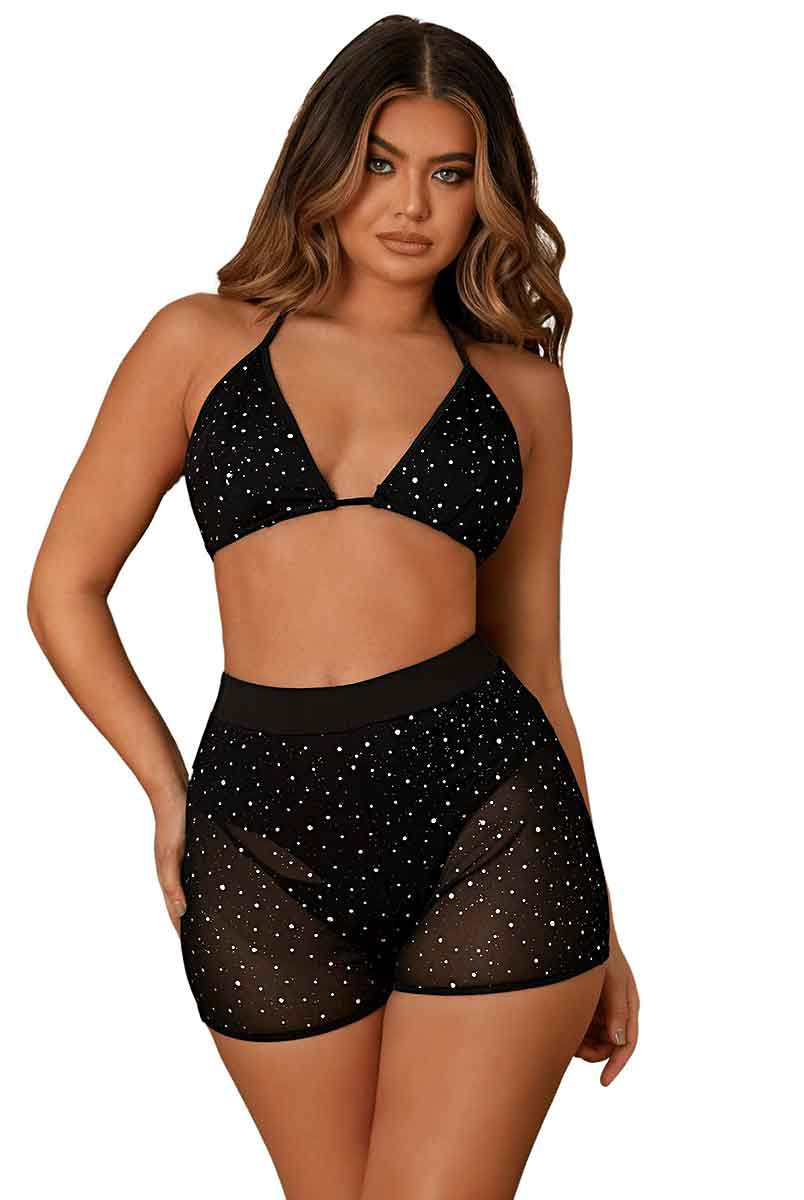 Black Rhinestone Suit - Halter Bra + High Waist Shorts