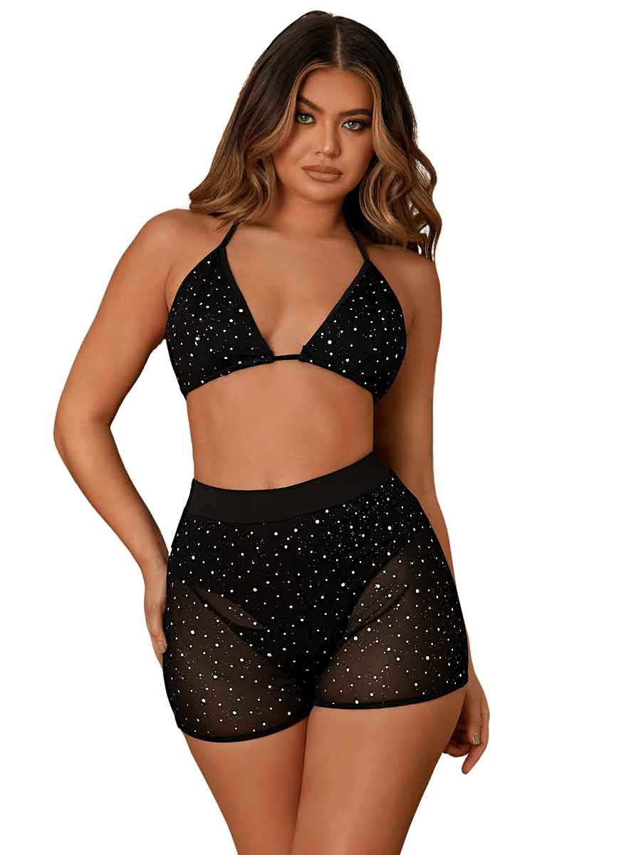 Black Rhinestone Suit - Halter Bra + High Waist Shorts