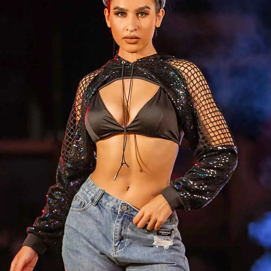 Fashionable Black Mesh Sequin Shirt