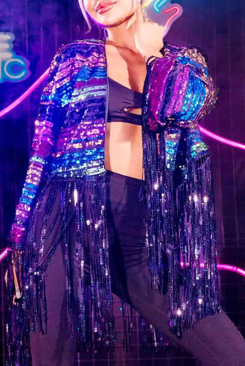 New Long Sleeve Colorful Sequin Tassel Jacket Top