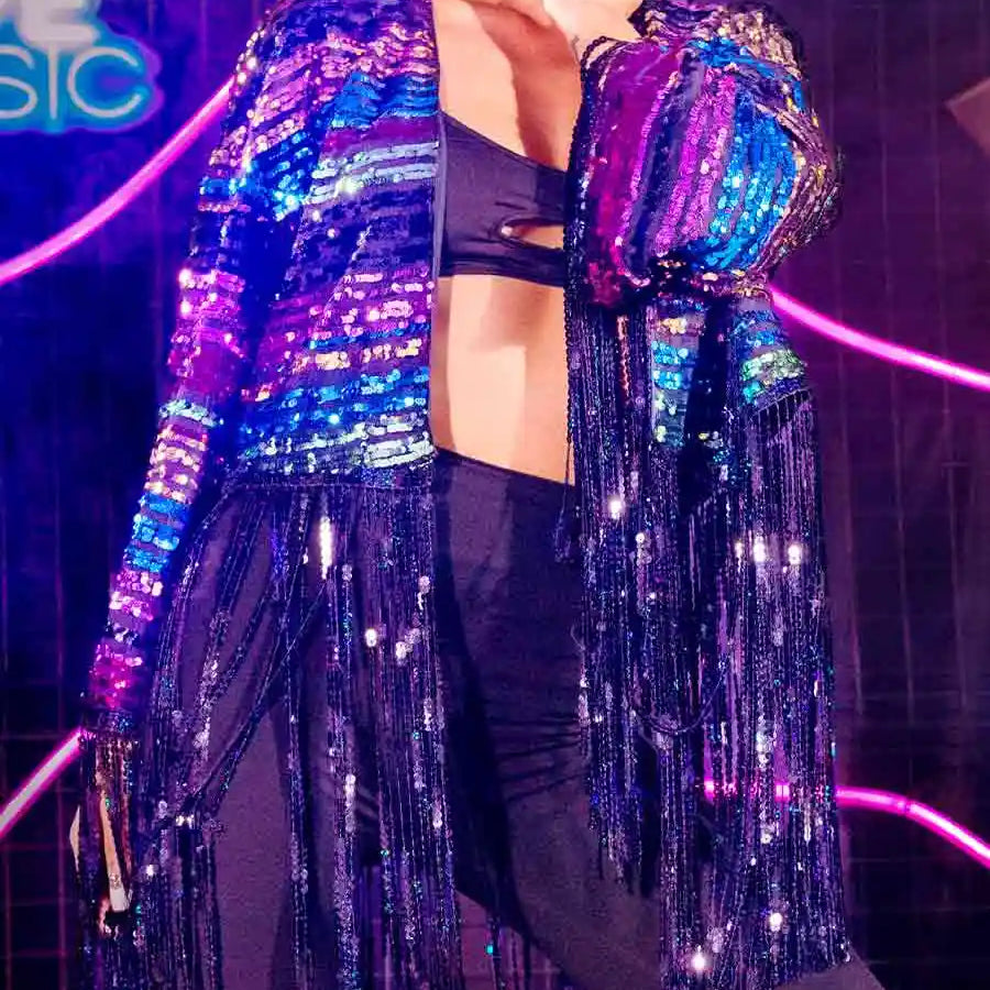 New Long Sleeve Colorful Sequin Tassel Jacket Top