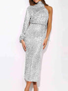 Long, One-Sleeve, High-Neck Sequin Dress