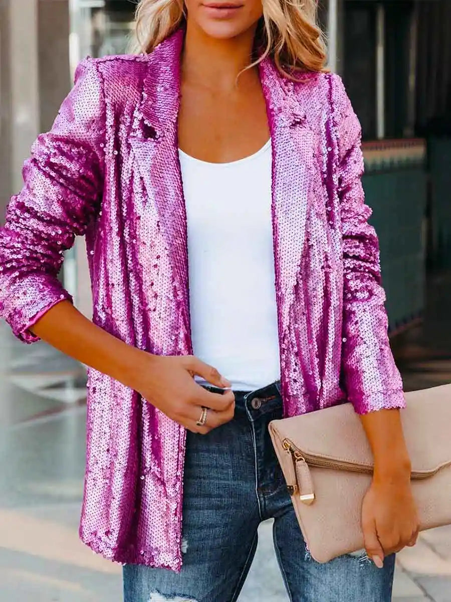 Sequin Blazers Ladies Shiny Lapel Suit Long Casual Suit Victray