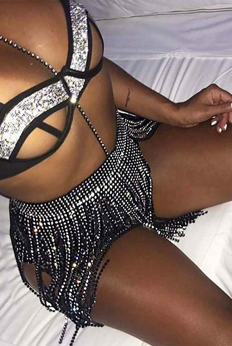 Shiny Wrap Belt Skirt - Black Rhinestone Fringe Skirt