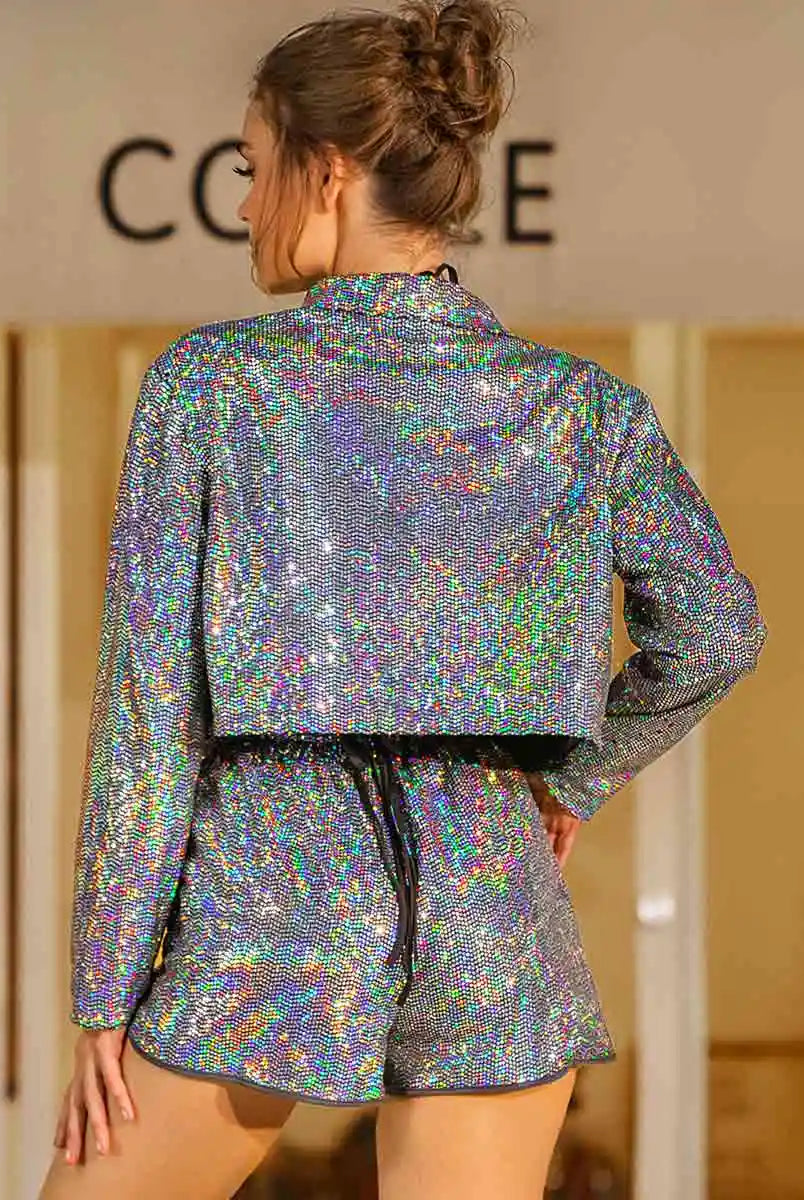 silver sequin short set