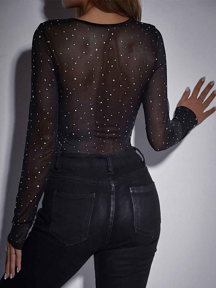 Long-Sleeved Sweetheart Neck Black Rhinestone Bodysuit