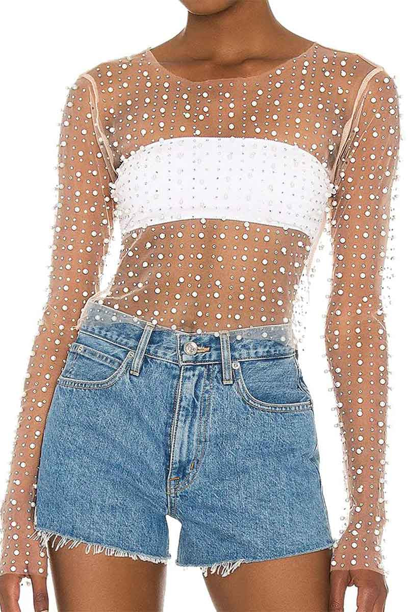 Round Neck Long Sleeve Pearl Mesh Sheer Rhinestone Shirt