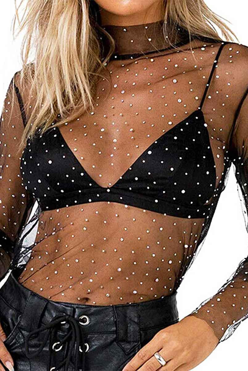 Long Sleeve High Neck Mesh Sheer Black Rhinestone T Shirt