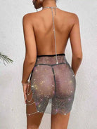 Stylish Metal Chain Rhinestone Net Dress With Backless