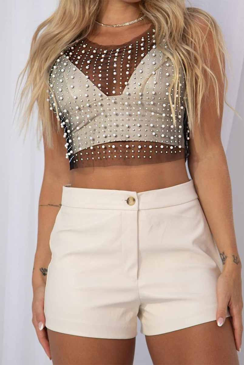 Black Sleeveless Short Pearl Womens Rhinestone Shirts