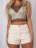 Black Sleeveless Short Pearl Womens Rhinestone Shirts