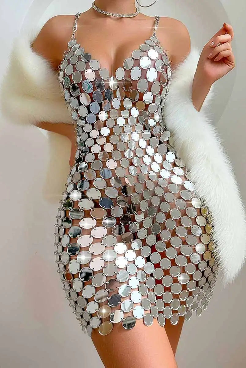 Metallic Strap Sequin Dress