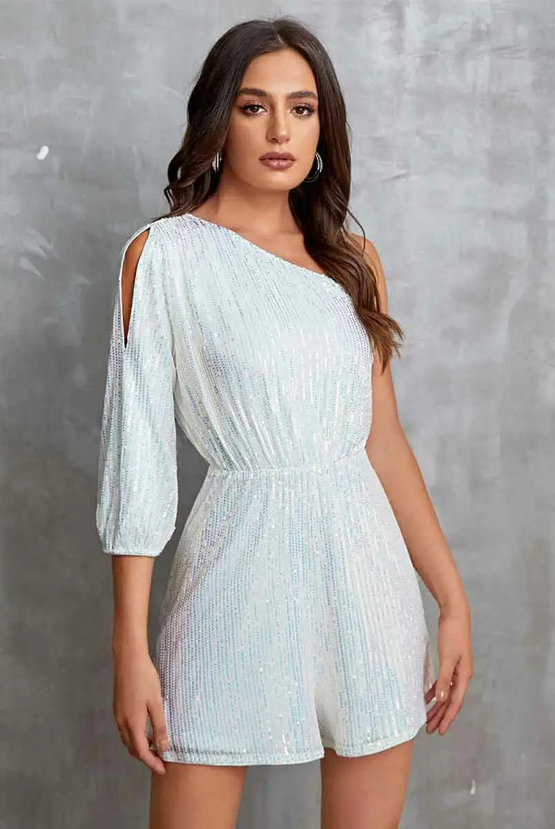 Mid-length Sleeve White One Shoulder Sparkly Jumpsuit