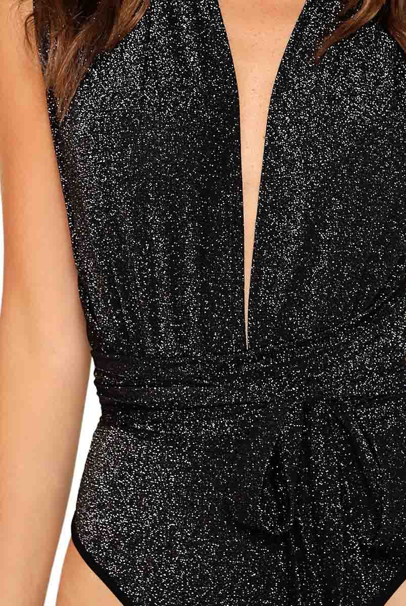 Sleeveless Deep V-Neck Cross Back Sequin Black Bodysuit