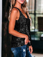 Summer Sleeveless Scoop Neck Loose Black Sequin Shirt