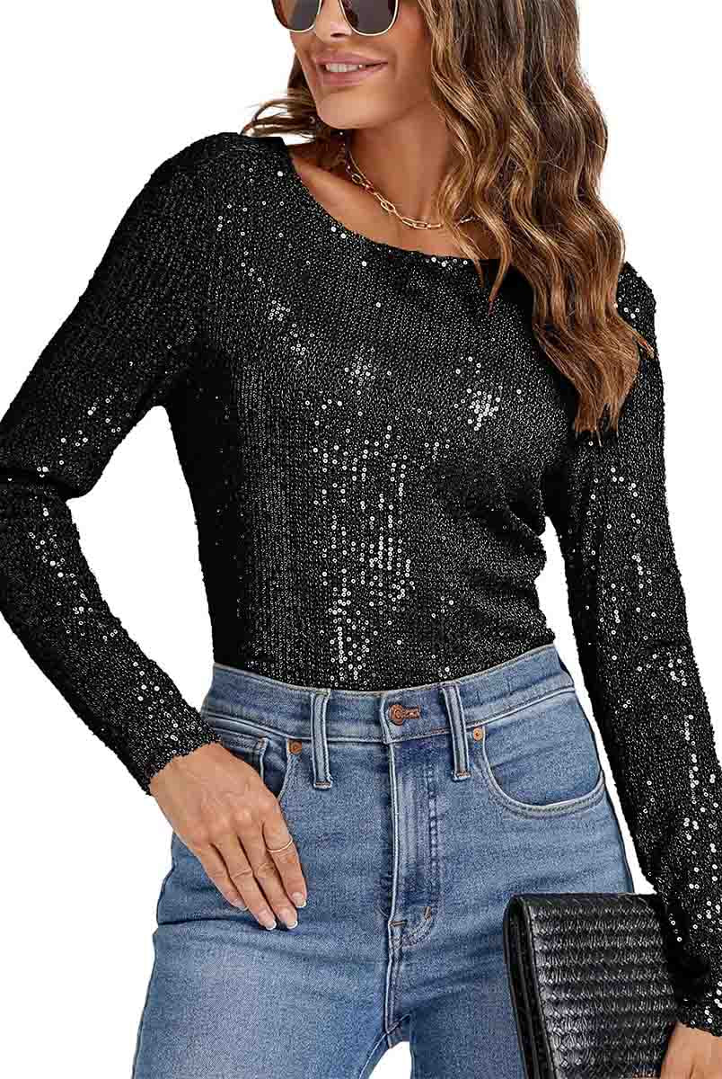 Draped Cowl Crew Neck Long Sleeve Black Sequin Bodysuit