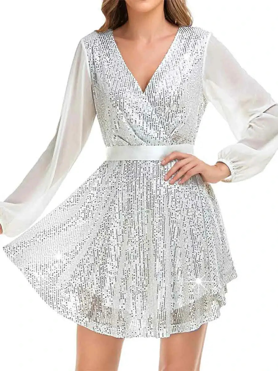 V-neck long-sleeve belted sequin white cocktail dress – Victray