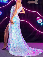 Light Blue Sequin Prom Dress – High Slit One Shoulder Dress