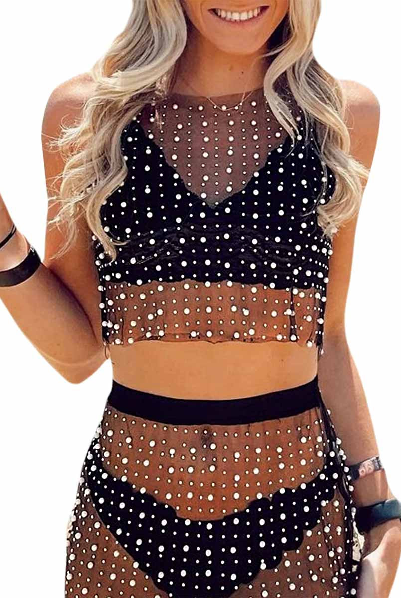 Pearl and Rhinestone Mesh Set - Cropped Top + Mini Skirt