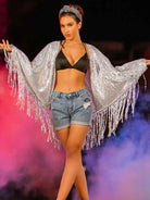 Long Sleeve Silver Sequin Shirt - Sparkling Fringe Cardigan