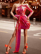 pink sparkly one shoulder dress