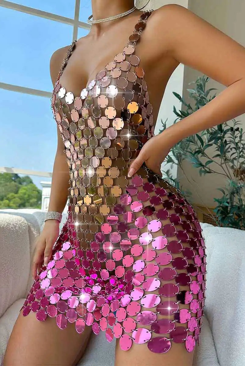 Pink Chainmail Dress - Ombre Strap Backless Dress