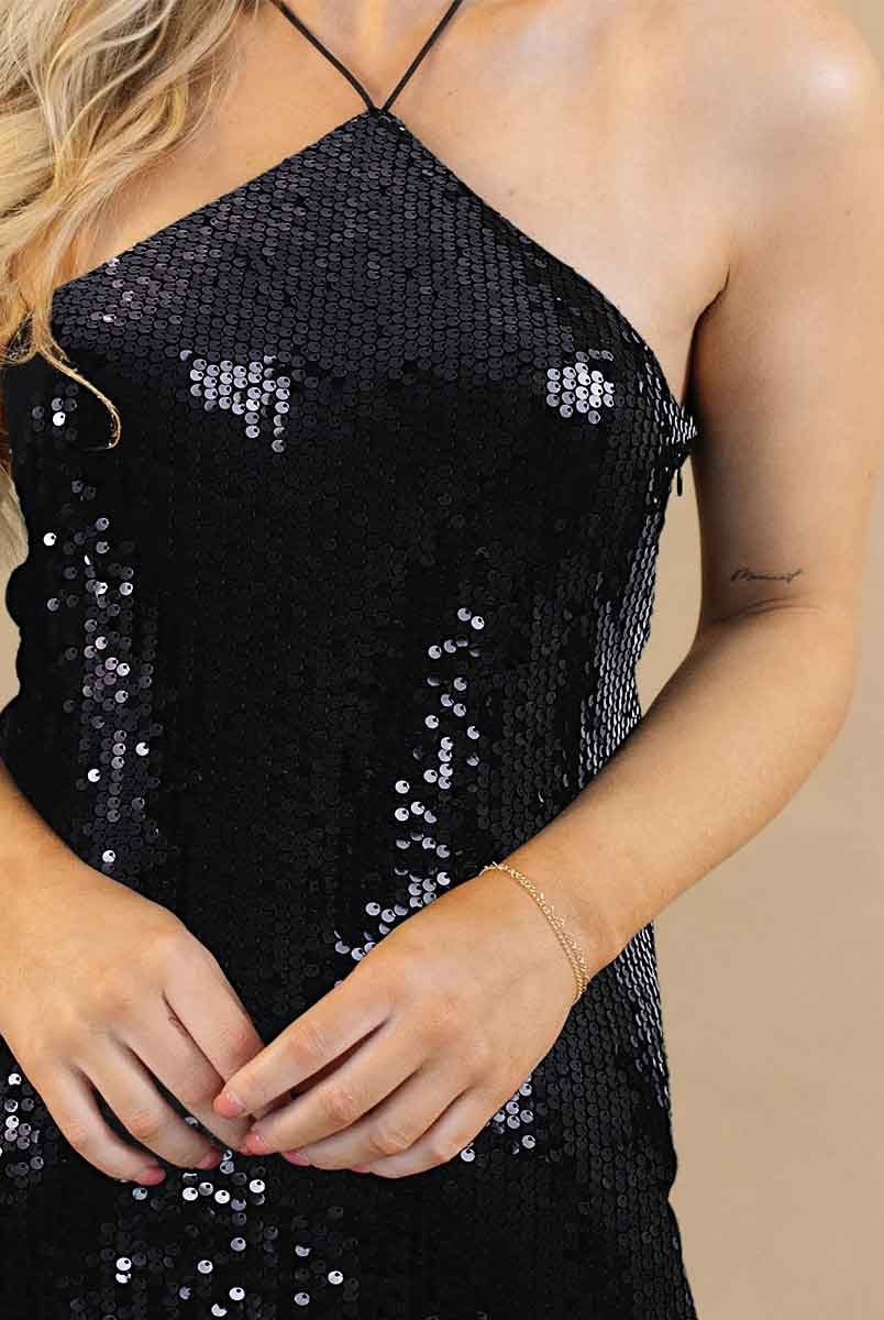 Black Sequin Tassel Mini Dress
