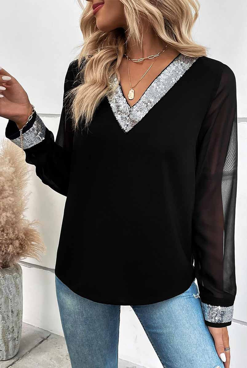Black Chiffon Long Sleeve Sequin Shirt