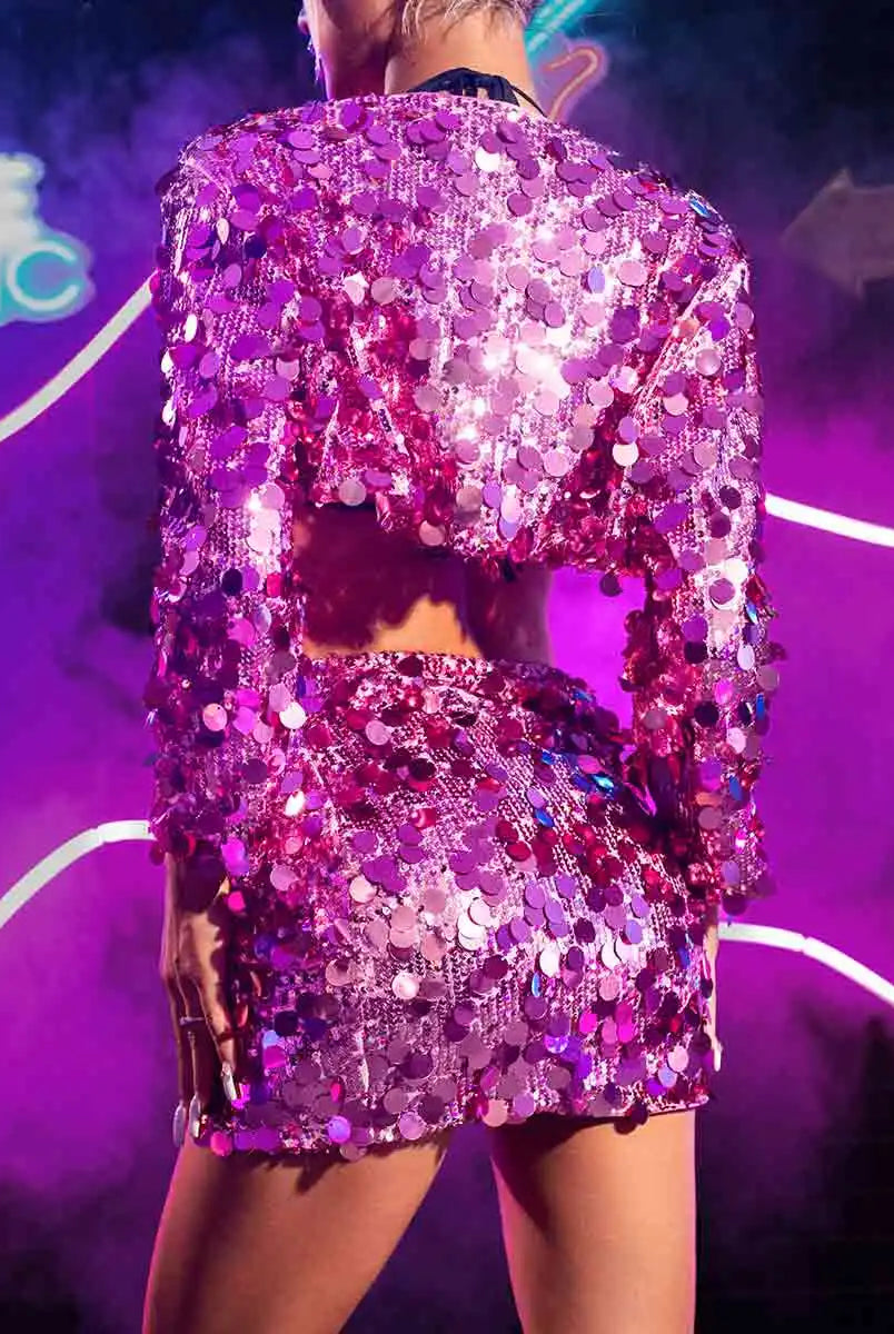 Pink Sparkly Two Piece Set - Short Jacket & Sequin Skirt