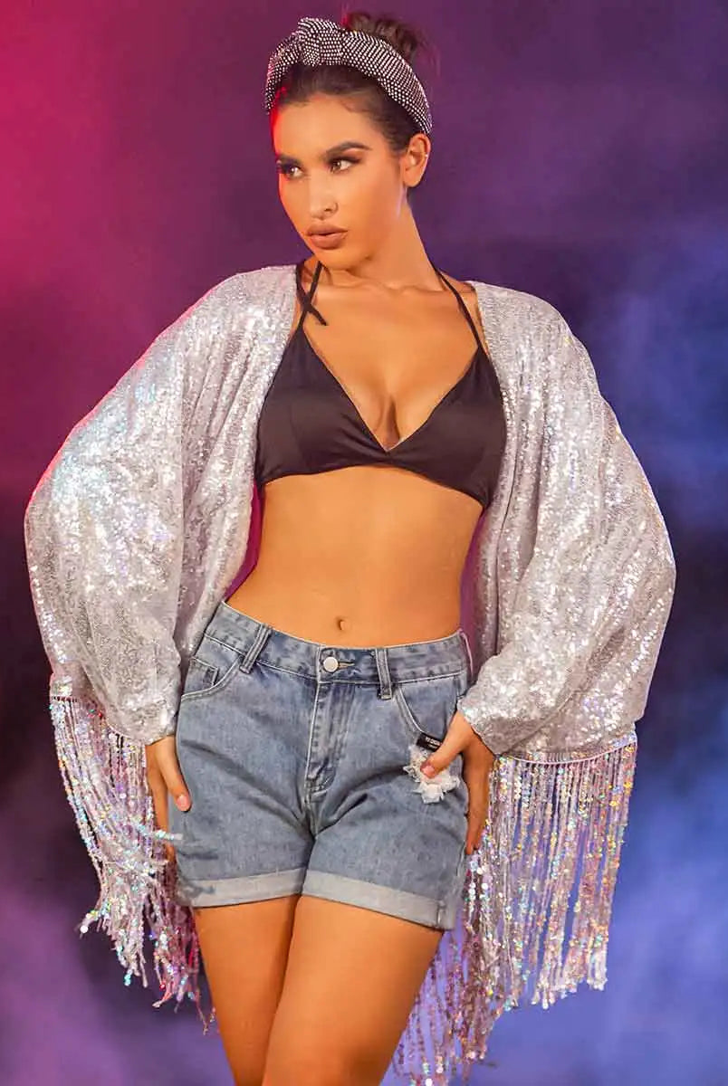 Silver Sequin Fringe Cardigan