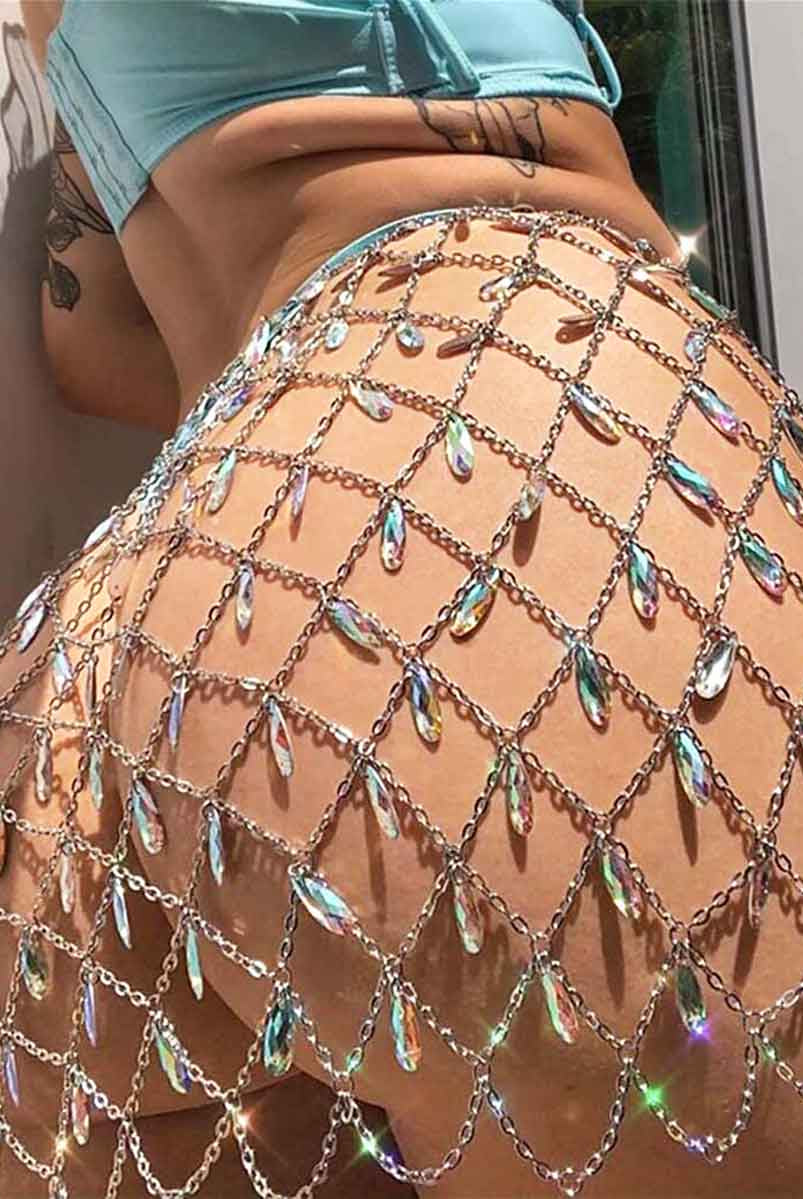 Boho Rhinestone Midi Skirt with Body Chain