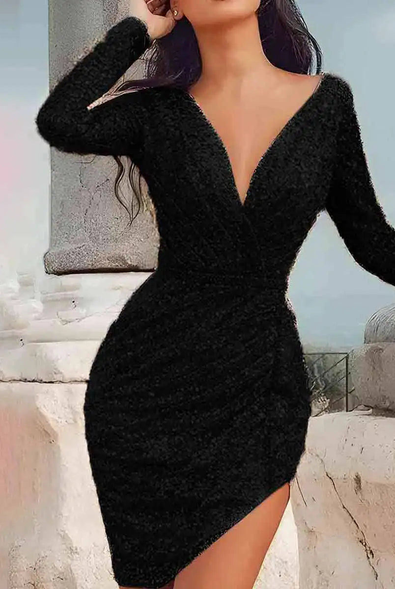 Black Sequined Wrap Long Sleeve Dress