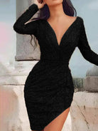 Black Sequined Wrap Long Sleeve Dress