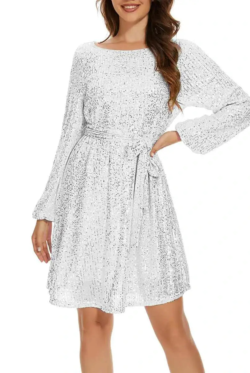 White Long Sleeve Sequin Dress